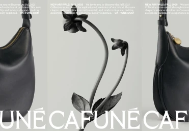 Black leather shoulder bags and dark flower stems against a pale background with white serif text for Cafune