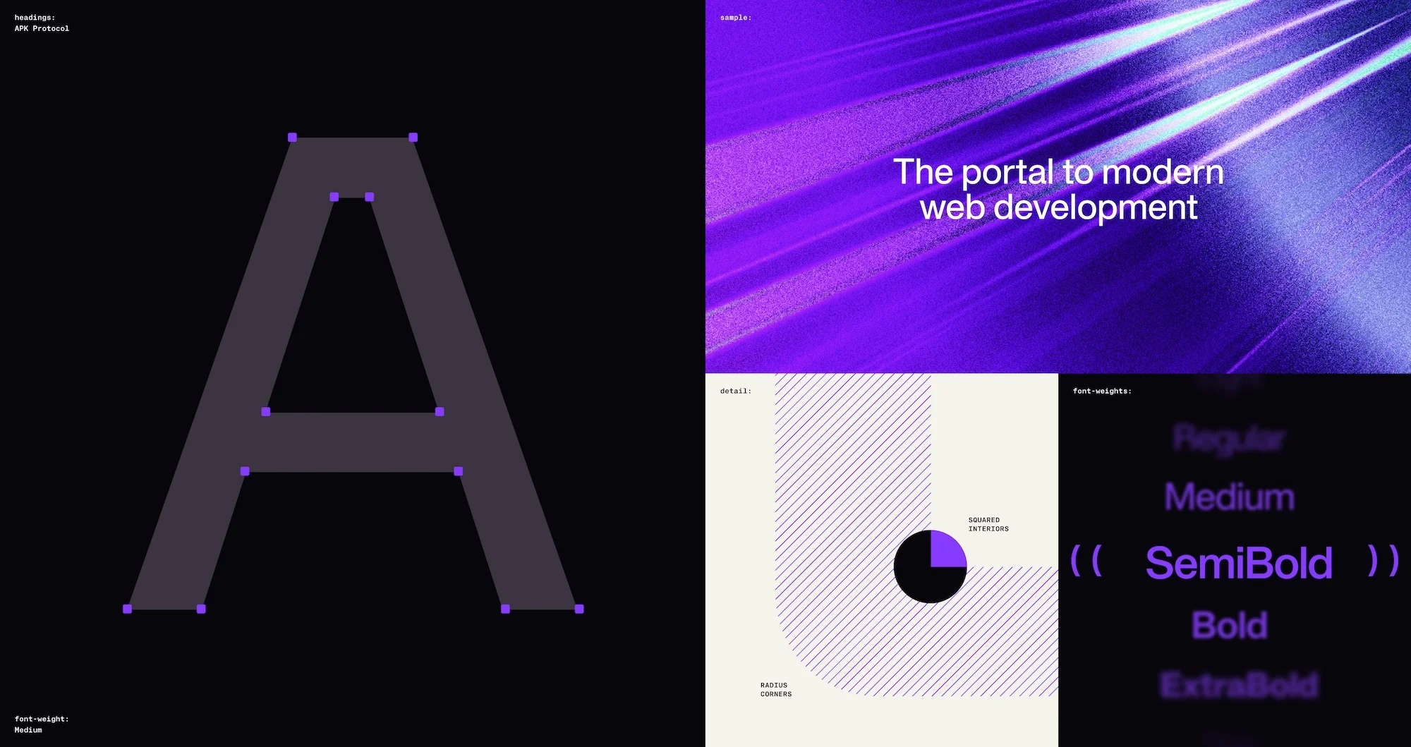 Graphic design showcasing font weights, including regular, medium, semi-bold, bold, and extra-bold, in purple tones against a black background.