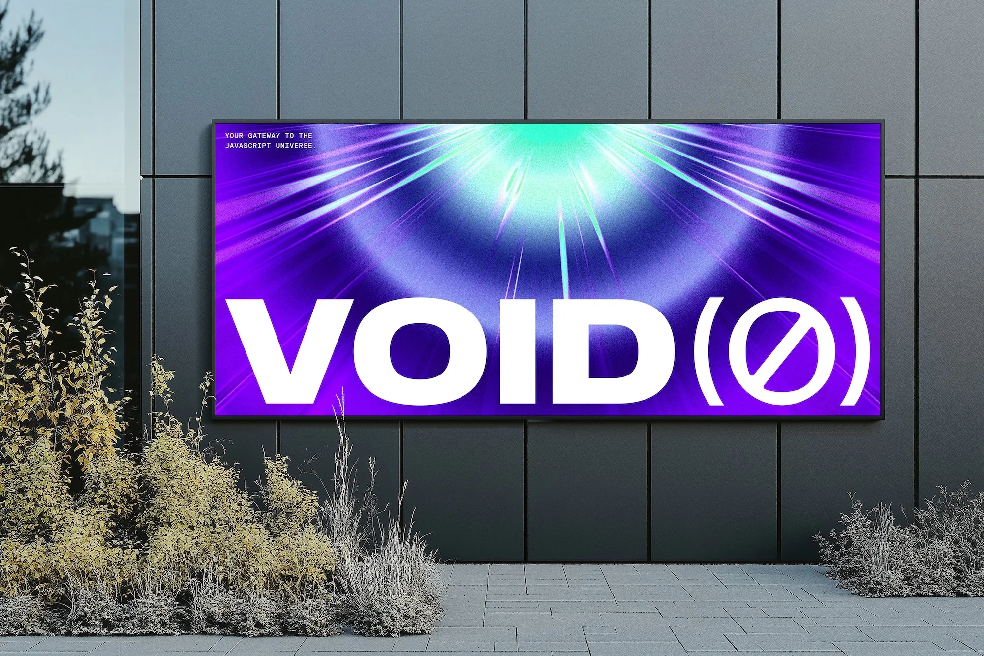 Outdoor advertisement on a modern building features 'VOID' in white letters against a vibrant purple and green background.