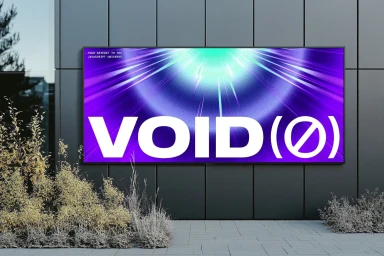 A large billboard displaying a purple graphic with light bursts and the bold text VOID(0) mounted on a grey panel wall.