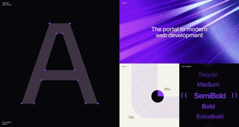 Brand identity design showcase featuring typography samples, graphic elements, and purple color palettes.