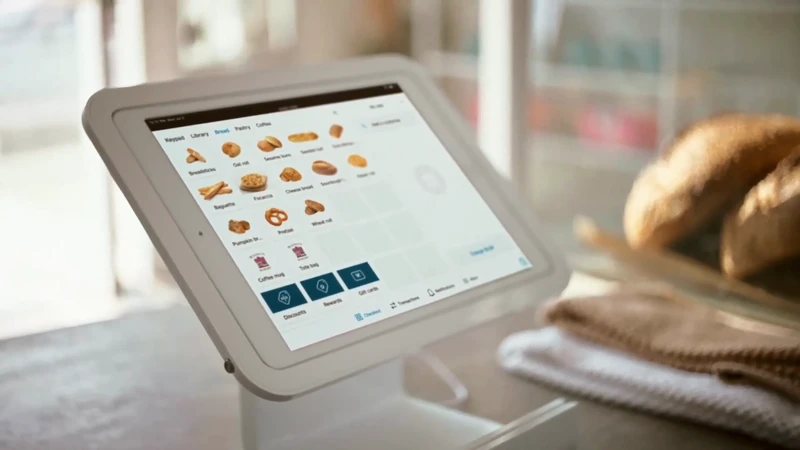 Digital ordering system displayed on a tablet with bread options at a cafe, with baked goods blurred in the background.