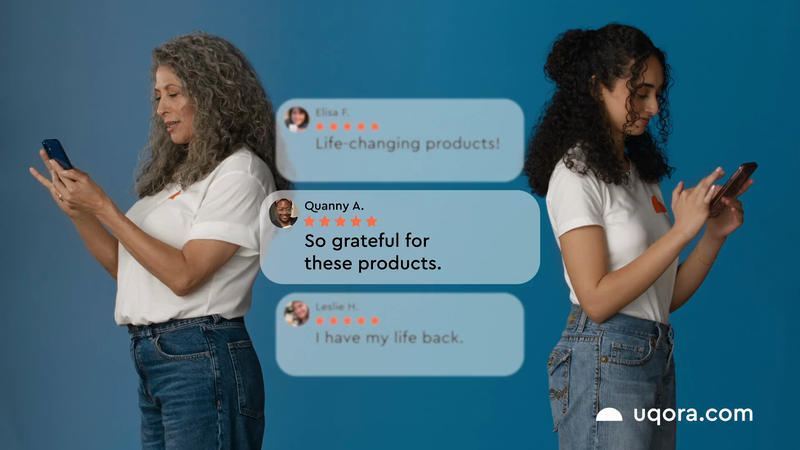 Two women using smartphones in front of floating product review boxes against a blue background, highlighting product testimonials.