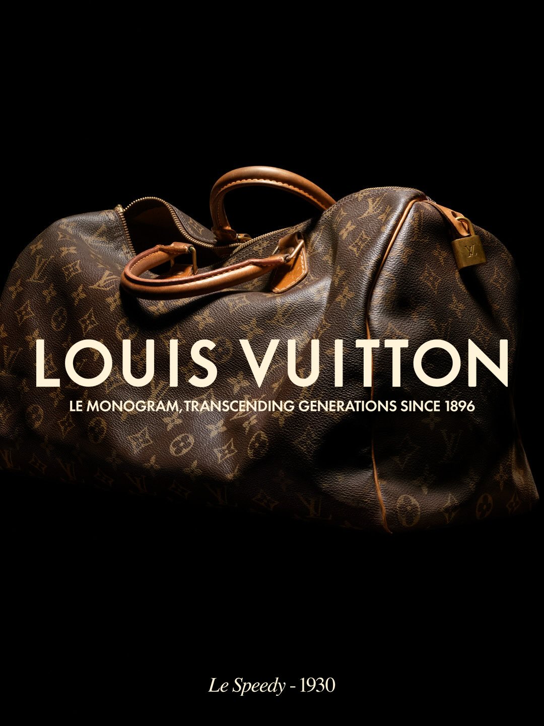 Louis Vuitton handbag with the signature monogram pattern and leather handles displayed against a solid black background.