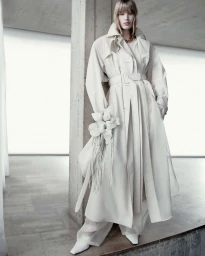 Model wearing a light cream trench coat leaning against a concrete pillar in a bright modern interior space.