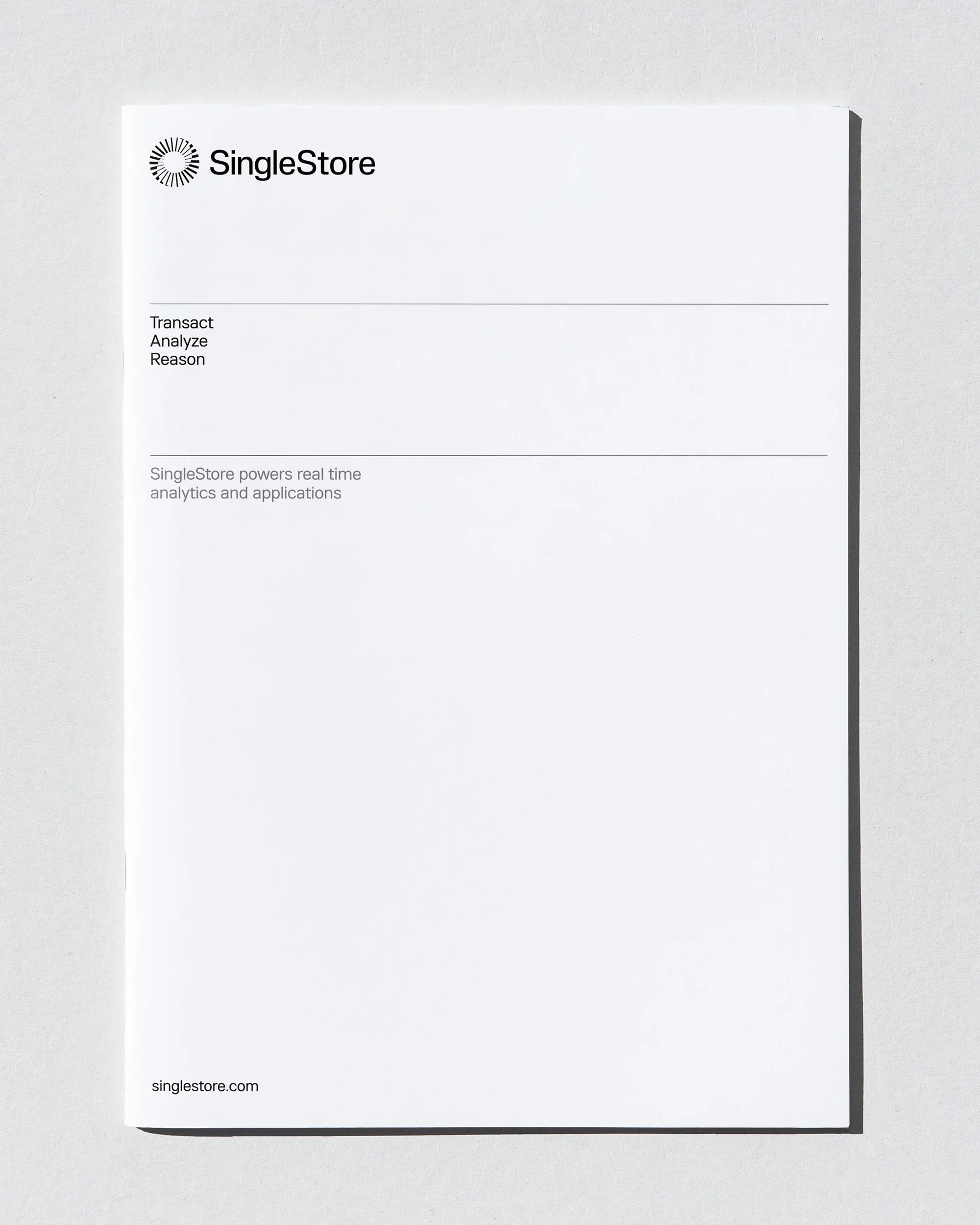 SingleStore document featuring the company's logo, brand name, and key phrases like 'Transact,' 'Analyze,' and 'Reason' in a minimalist style.