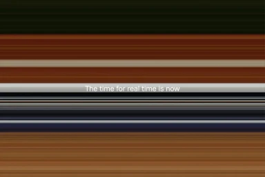 Abstract image featuring horizontal chromatic stripes in earth tones and dark shades with central white text