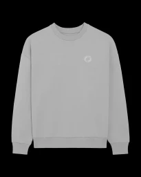 Grey crewneck sweatshirt with a small white circular logo on the chest displayed against a solid black background
