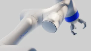 Close-up of a white robotic arm with a blue band and mechanical claw against a neutral background.