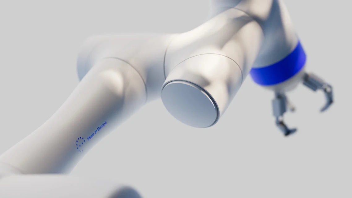 Close-up of a white robotic arm with a blue accent on a light gray background, highlighting precision engineering and modern technology.