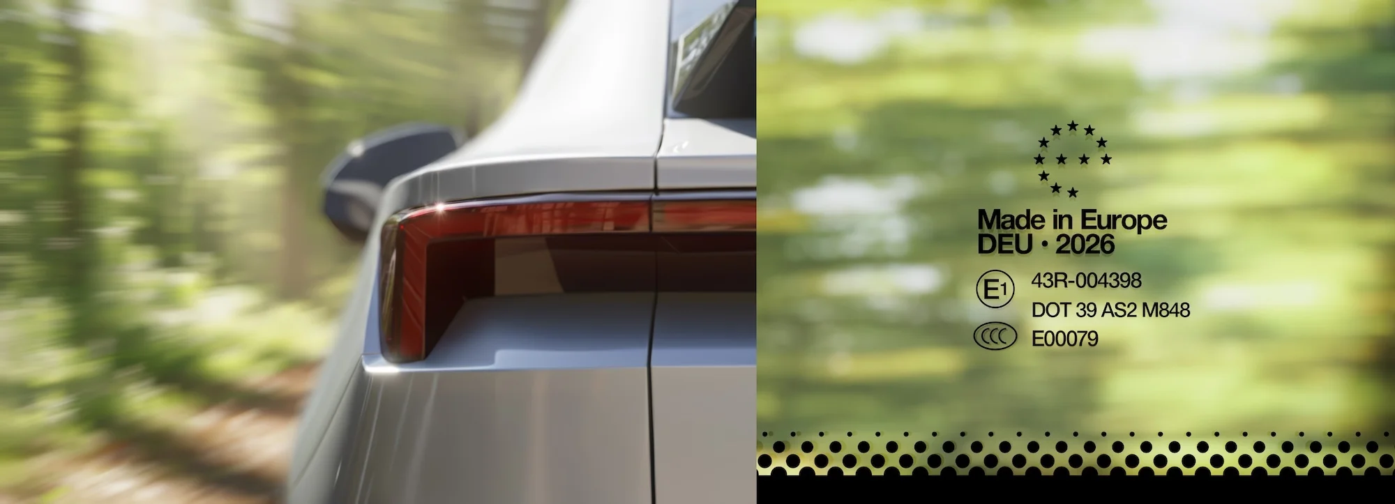 Rear of a silver car in motion on a road, seen at eye level with green trees blurred in the background. Regulatory text on window.