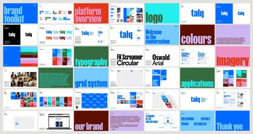 Brand toolkit layout showcasing 'talq' branding elements: logo variations, color palette, typography, grid system, imagery examples, and overall brand guidelines.