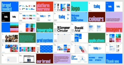Comprehensive brand identity guidelines presentation for TALQ featuring typography, logo usage, color palettes, and grid systems.