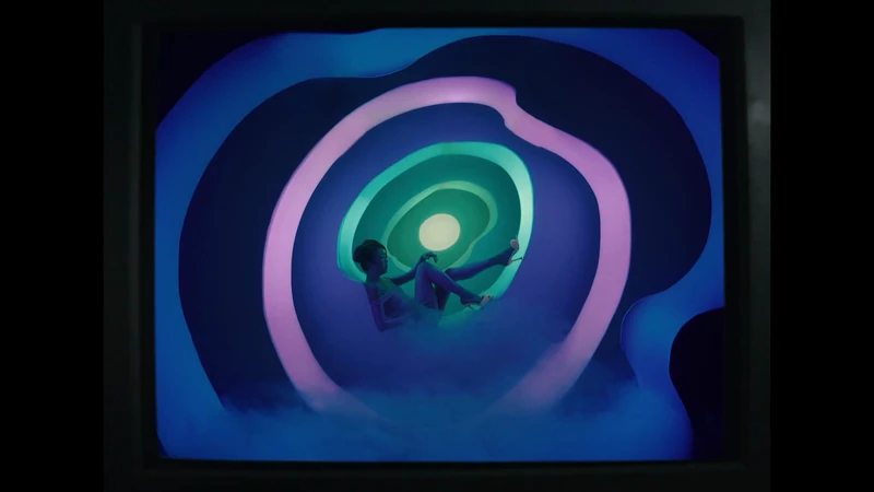 Abstract composition of a person in heels lying inside a digitally generated circular tunnel with blue and purple gradient lighting.