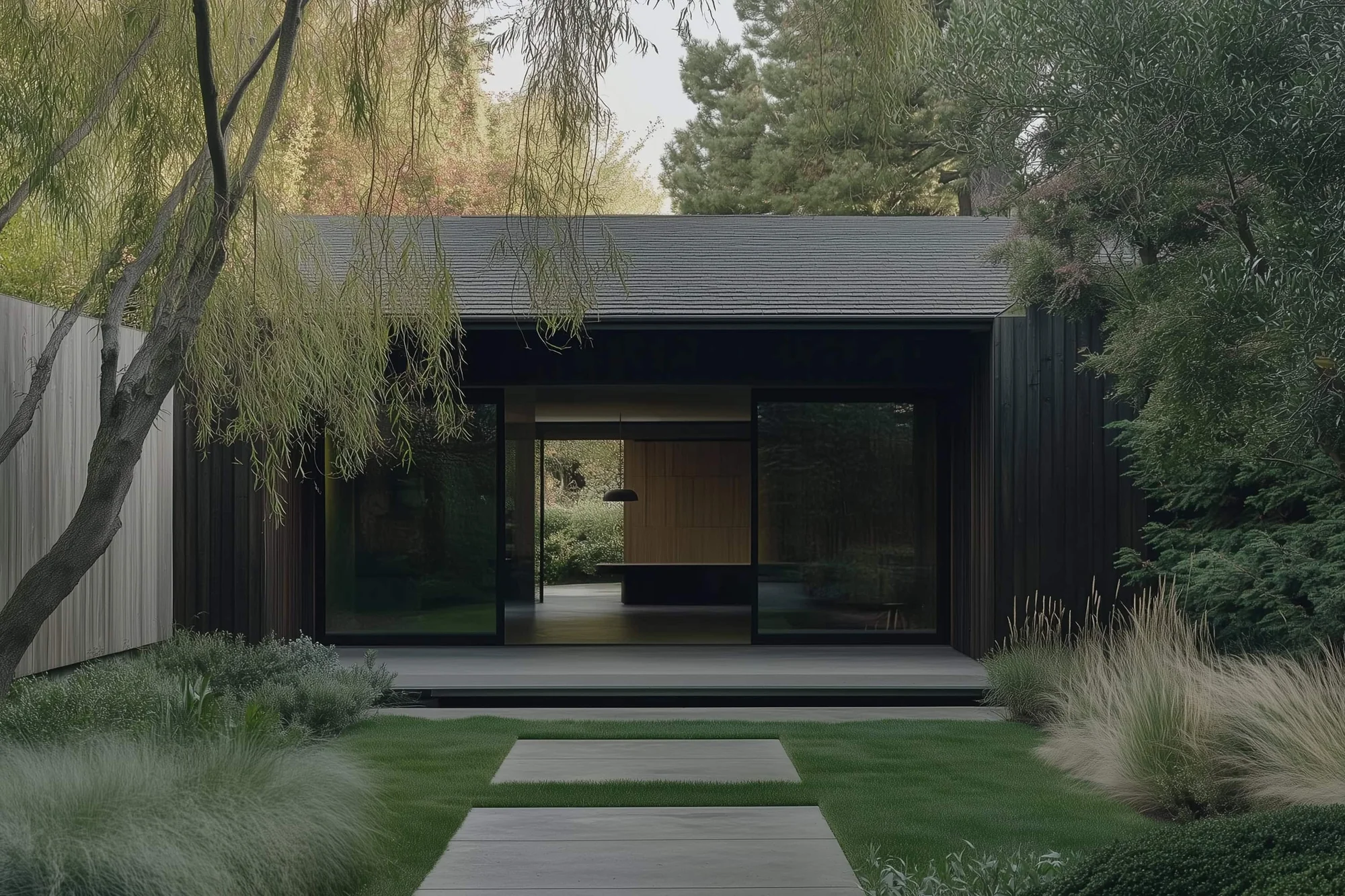 Exterior of modern dark wood cabin with black trim and glass walls, showcasing minimalist interior design, surrounded by lush green lawn and trees.