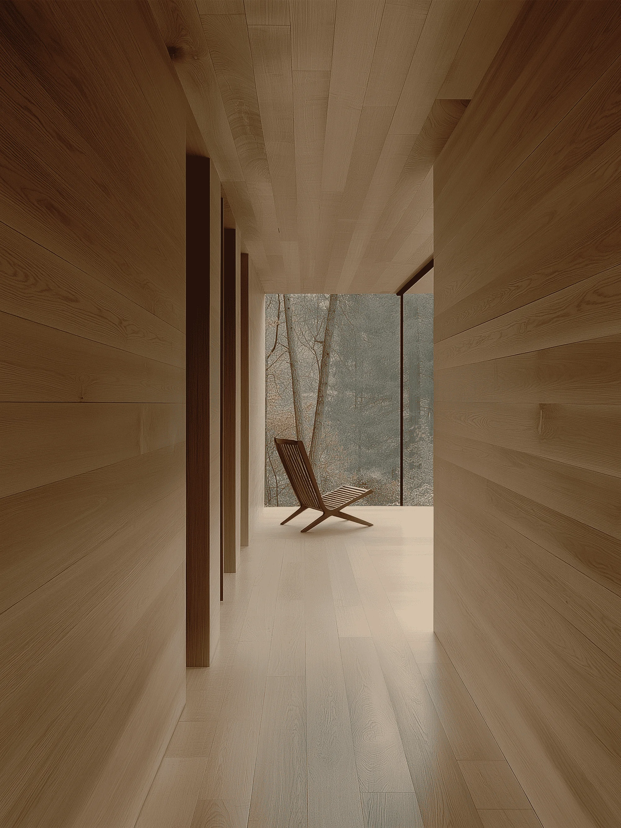 Interior view of a hallway with light wood walls, ceiling, and floor leading to a chair and window overlooking trees.