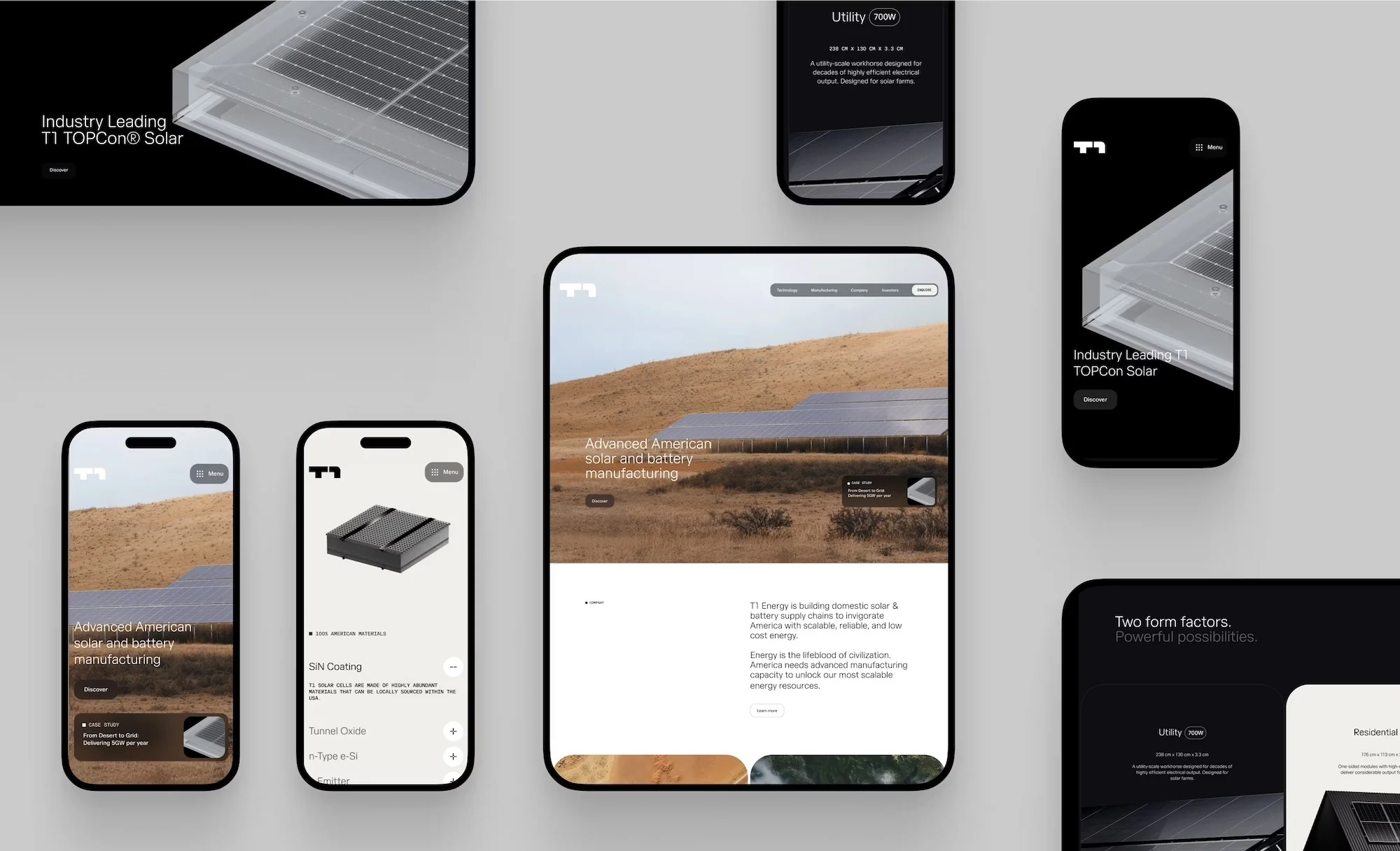 Several devices display a solar energy website featuring solar panels in different environments, showcasing solar technology.