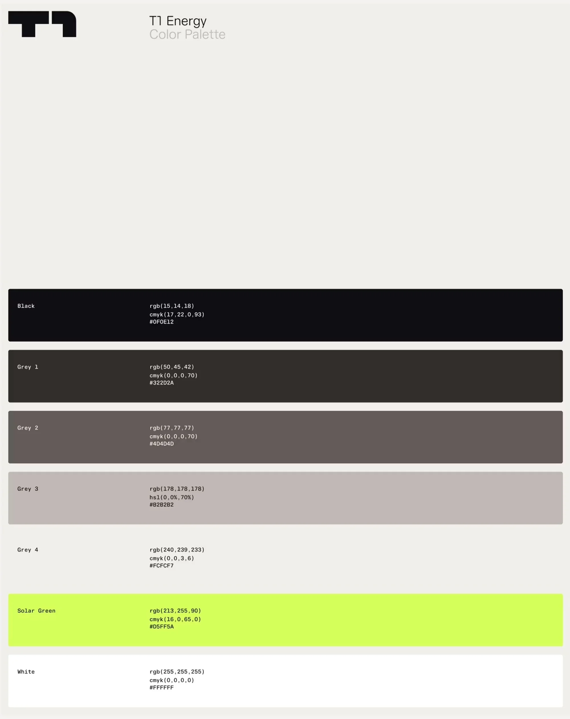 Color palette displaying black, gray, light gray, solar green, and white color swatches, accompanied by RGB and hex codes.