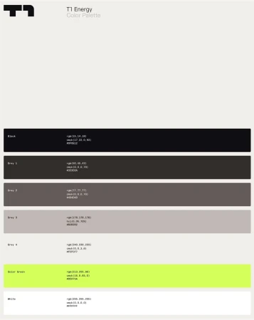 Color palette displaying black, gray, light gray, solar green, and white color swatches, accompanied by RGB and hex codes.