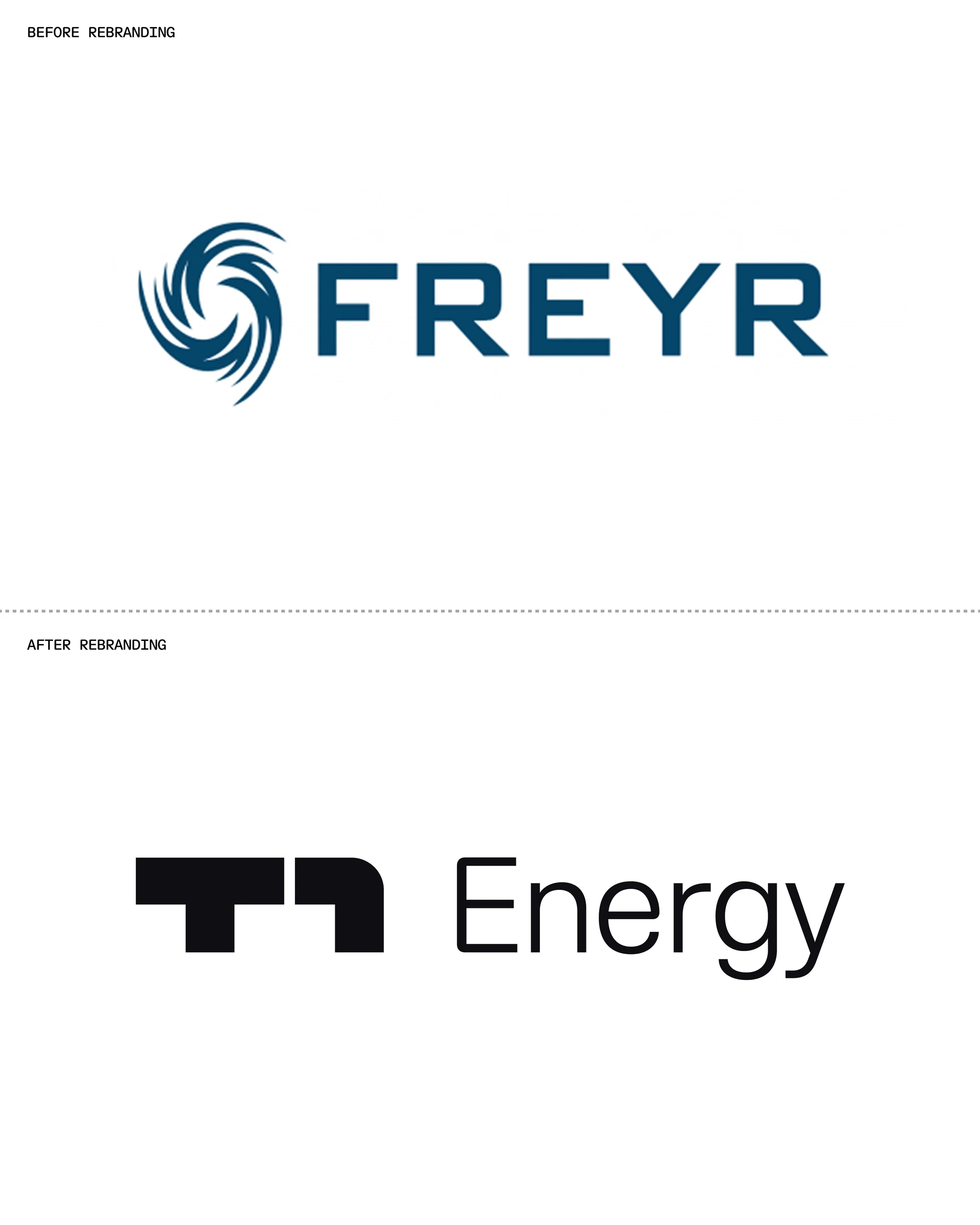 Before and after rebranding of the Freyr energy company logo, with a blue circular graphic and black geometric symbol.