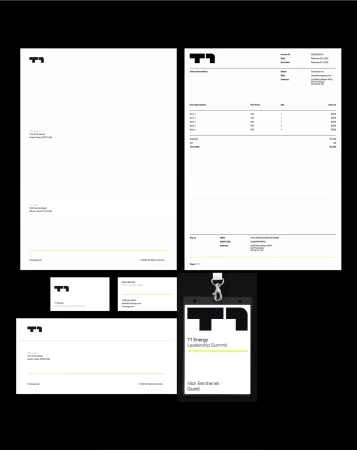 Stationery set featuring a letterhead, invoice, business cards, and an event pass, all branded with the T1 Energy logo.