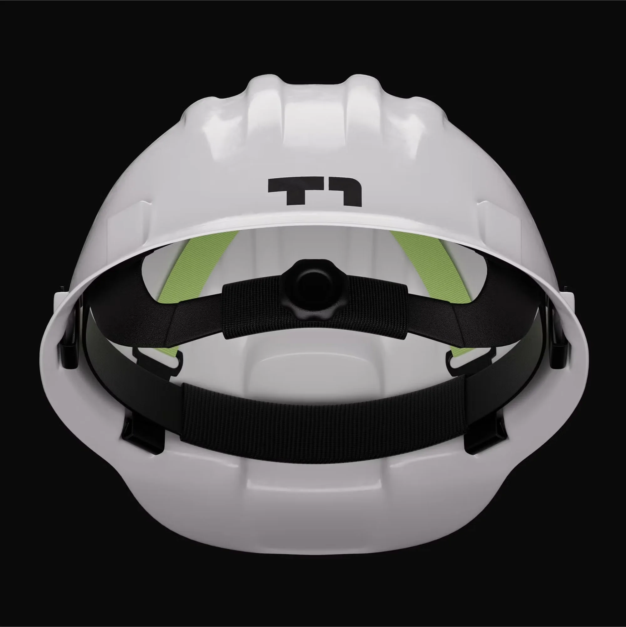 Image of a white hard hat with black adjustable head straps. The hard hat has a logo on the front and sits against a dark background.