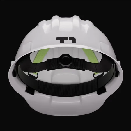 Image of a white hard hat with black adjustable head straps. The hard hat has a logo on the front and sits against a dark background.