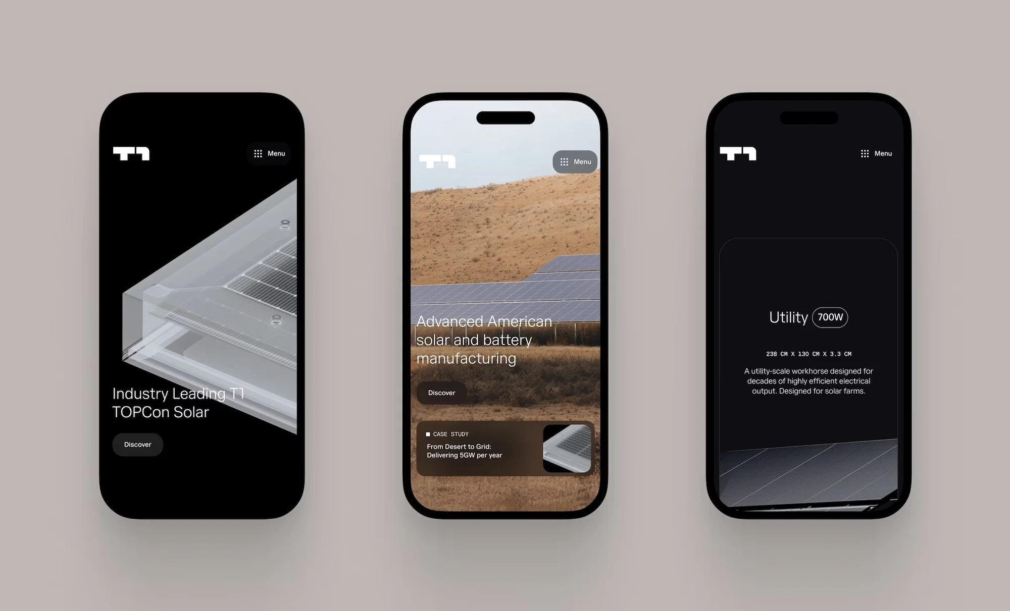 Three phones display a solar company's webpage, showcasing solar panel technology, desert solar farms, and utility-scale energy solutions.