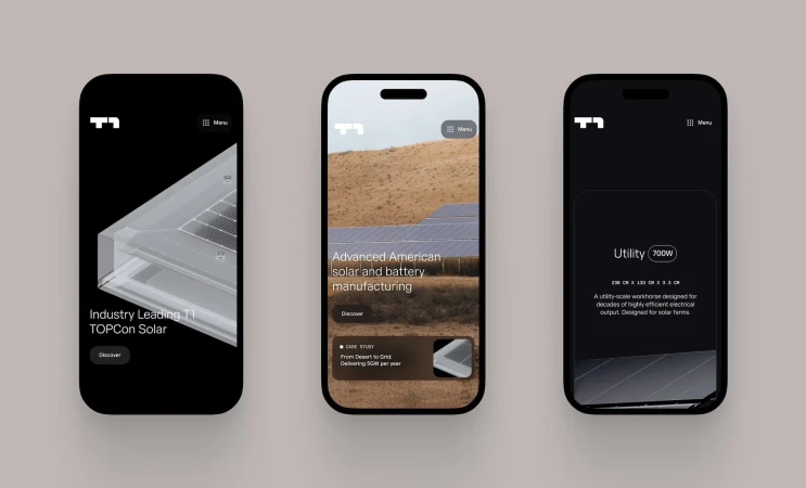 Three phones display a solar company's webpage, showcasing solar panel technology, desert solar farms, and utility-scale energy solutions.