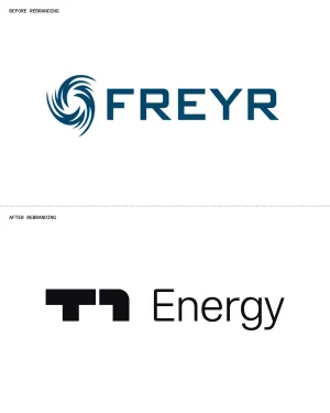 Logo comparison showing Freyr branding before and T1 Energy branding after rebranding against a plain white background