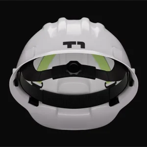 White hard hat with black T1 logo viewed from underneath showing interior adjustable harness against dark background