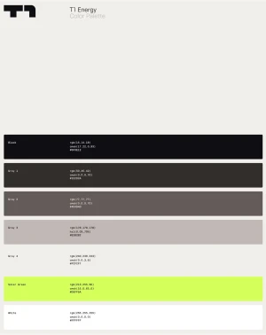 T1 Energy brand identity color palette featuring swatches of black, dark greys, light grey, solar green, and white against a light background.