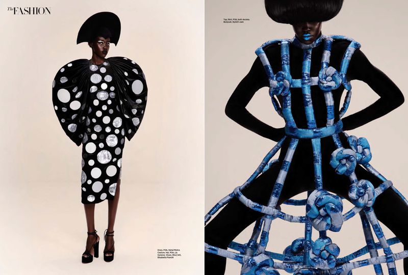 Two models in striking high-fashion garments; the left model wears a black and silver polka-dot dress with a large hat, and heels.