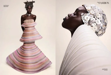 Diptyque fashion editorial featuring a model in a tiered striped gown and a close-up portrait with a button-covered headpiece