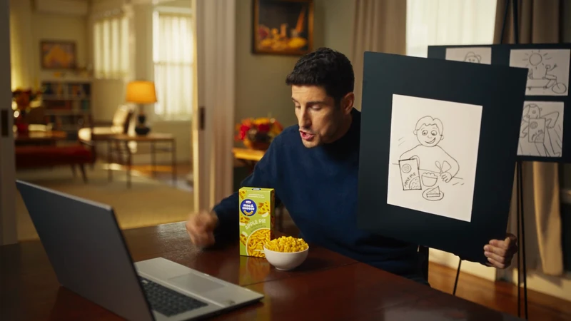Adult male presents a drawing while video conferencing. Macaroni and cheese box and bowl of noodles sit on a dark wood table.