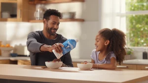 A man pouring milk into a bowl of cereal for a smiling young girl in a kitchen