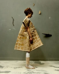 Model wearing a structured grid-patterned garment against a muted grey wall with floating organic elements