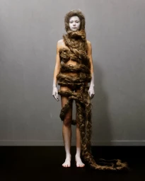 Model standing wrapped in thick textured brown fiber ropes against a grey studio backdrop for Atmos Magazine project Micro/Macro.