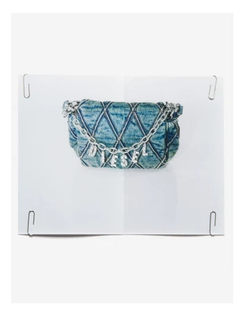 Denim Diesel purse with silver chain strap and logo displayed on a white background and secured with metal binder clips.