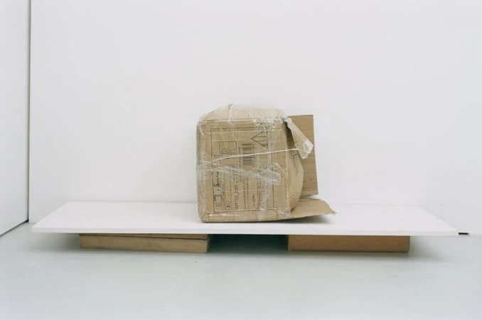 A damaged cardboard box wrapped in clear plastic stands on a white platform against a white wall in a brightly lit indoor setting.