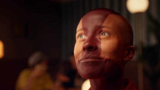 Close-up portrait of a bald woman with warm lighting and a distinct vertical shadow cast across her face.