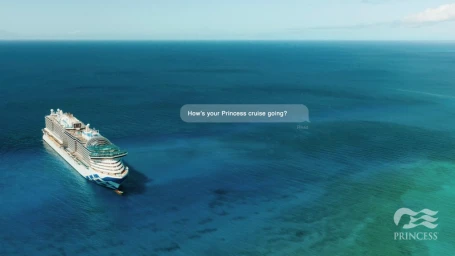 Aerial view of a large Princess Cruises cruise ship sailing on turquoise ocean water with a text bubble overhead.