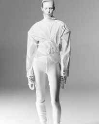 Model wearing a white structured top and tights against a grey seamless backdrop for Family Style.