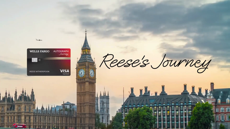 Wells Fargo Autograph Journey Visa card floating over London landmark featuring Big Ben and the Houses of Parliament at sunset.