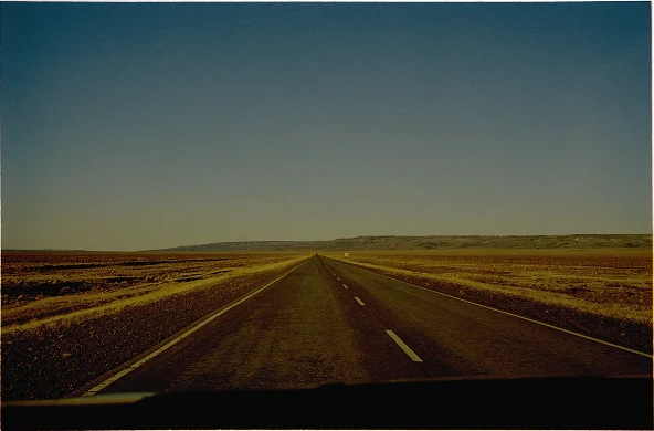 A long asphalt road stretches to the horizon under a clear blue sky, with a flat, grassy landscape on either side.