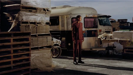 Man wearing a patterned red suit standing outdoors near a vintage caravan and stacked wooden pallets in an industrial storage yard.