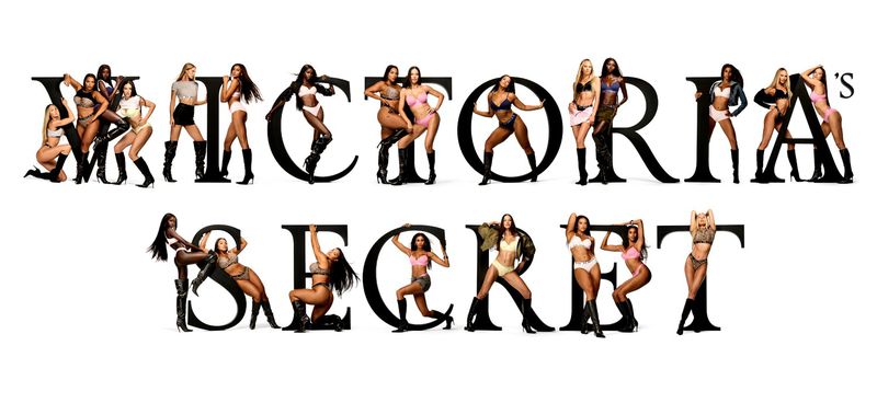 Victoria's Secret ad featuring diverse adult female fashion models posing in lingerie to form the brand name, on a white background.
