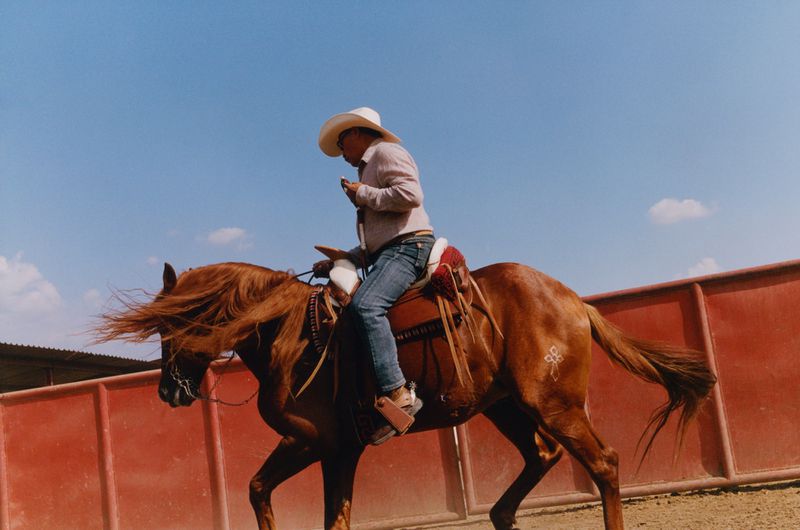 Man riding a chestnut horse in an outdoor ring, wearing a cowboy hat and jeans, with a red fence and blue sky in the background.