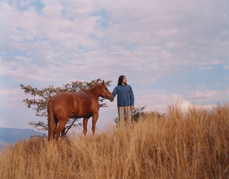 A chestnut-colored horse stands with an adult on a grassy hill under a cloudy sky in a scenic, natural outdoor setting.