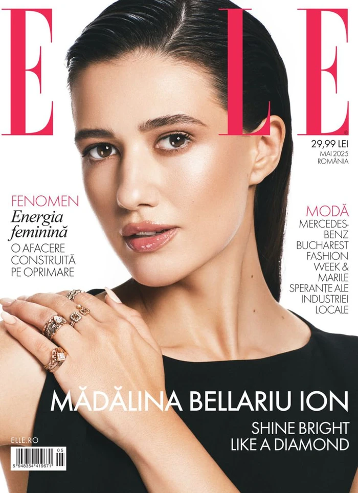 Close-up cover portrait of Madalina Belariu Ion for Elle Romania magazine featuring ornate rings.